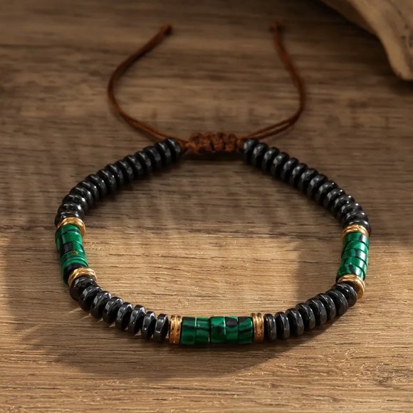 Green Malachite Natural Stone & Gray Alloy Beaded Adjustable Rope Bracelet NEW - Picture 3 of 9